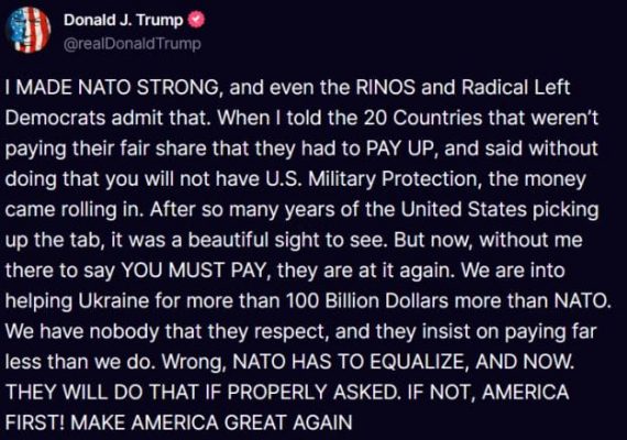 Трамп заявил, что без него НАТО взялся за старое и помогает Украине меньше Штатов 