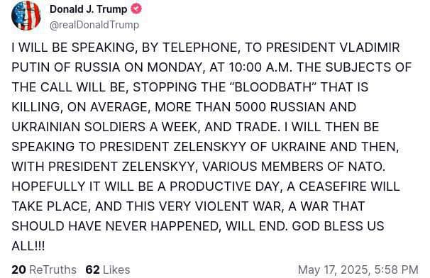 Трамп анонсировал разговоры с Путиным и Зеленским в понедельник 2 Трамп анонсировал разговоры с Путиным и Зеленским в понедельник