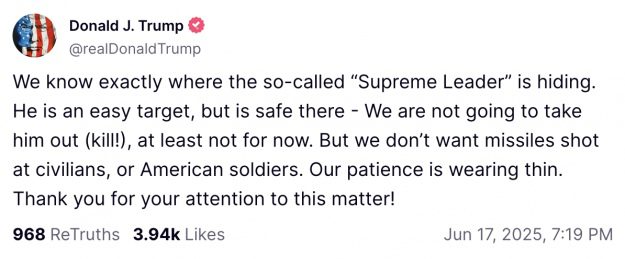 Трамп требует ''безусловной капитуляции'' от Ирана и угрожает аятолле 