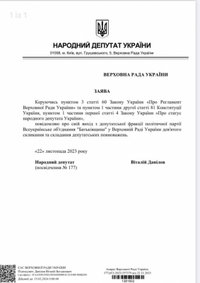 Нардеп от ''Батькивщины'' слагает мандат 