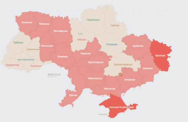 В большинстве областей воздушная тревога, сообщают о баллистической угрозе 1 В большинстве областей воздушная тревога, сообщают о баллистической угрозе